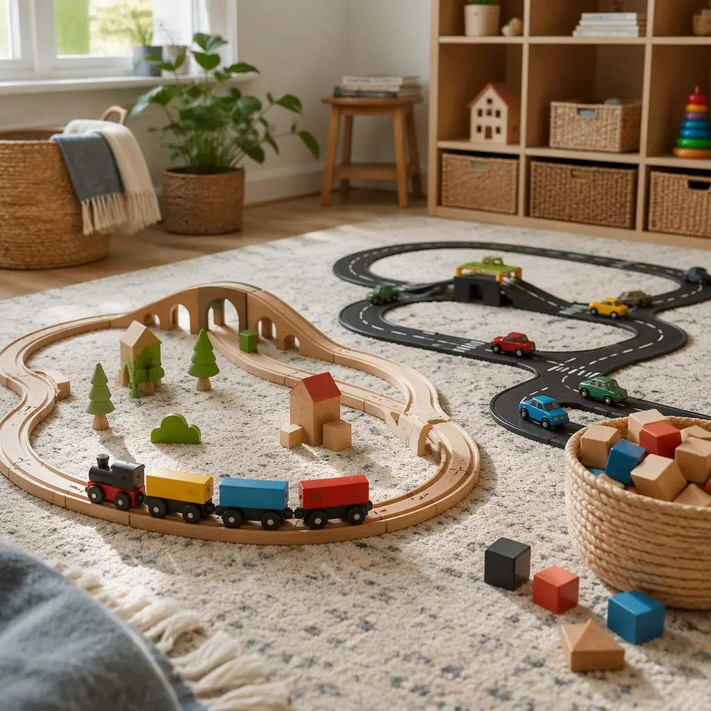 Wooden toy train set and toy car track arranged side by side in a softly lit playroom