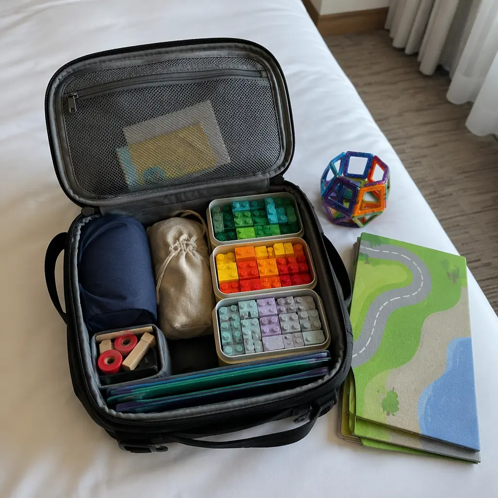 Compact building toys packed inside a travel backpack on a hotel bed
