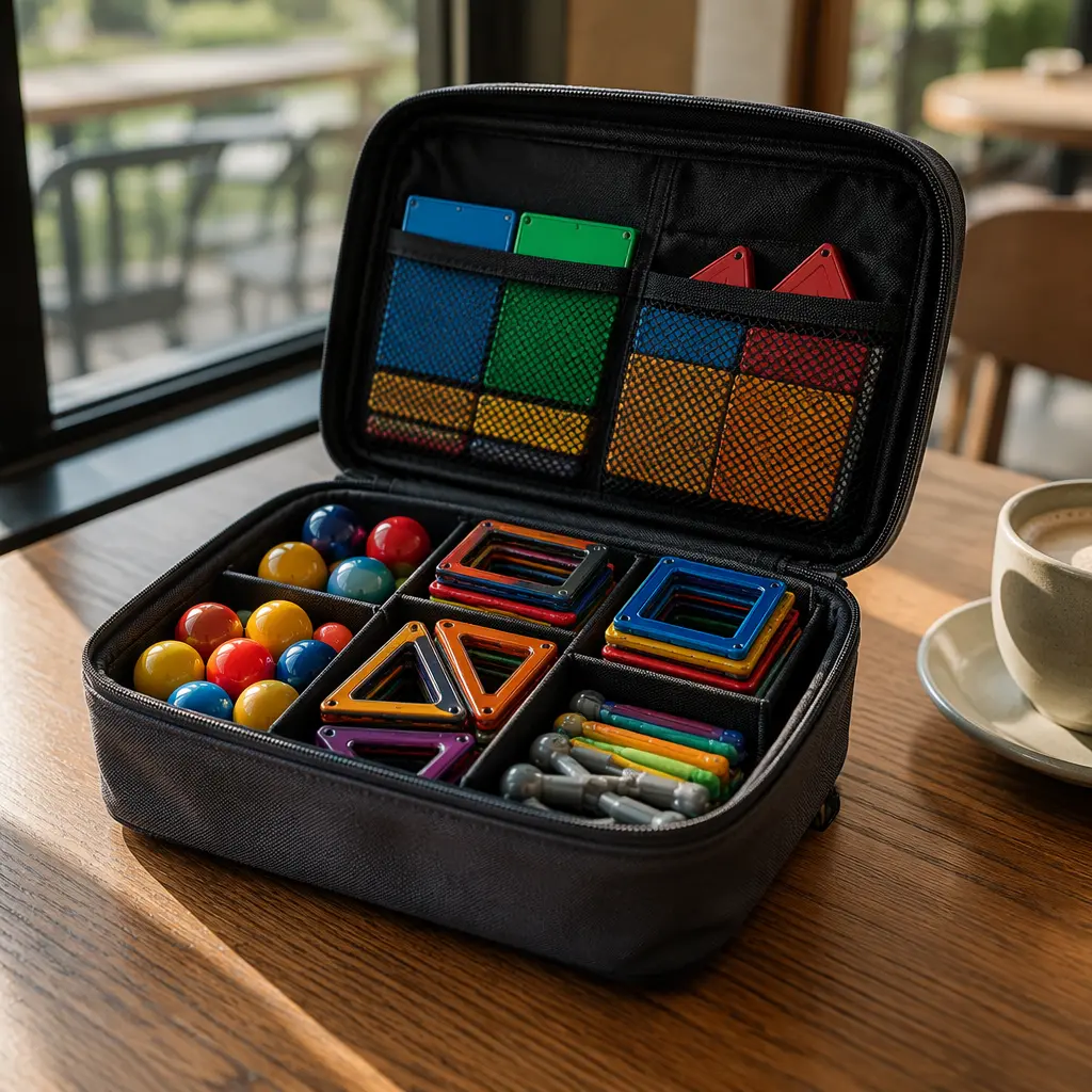 Travel-friendly building toys stored in a compact carrying case on a cafe table