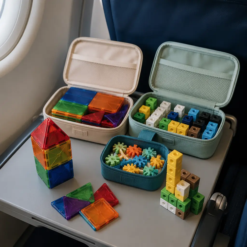 Compact building toys arranged on an airplane tray table for travel play