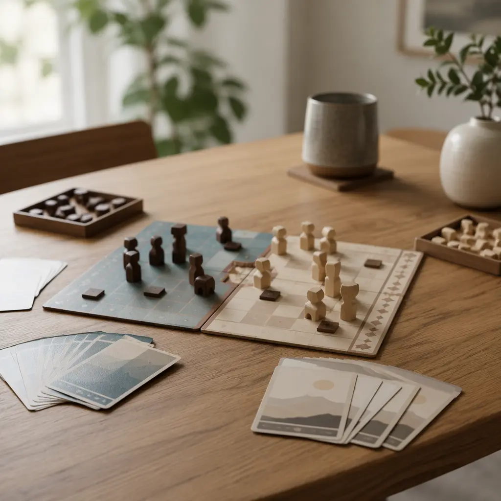 Compact strategy board game with wooden pieces arranged on a dining table