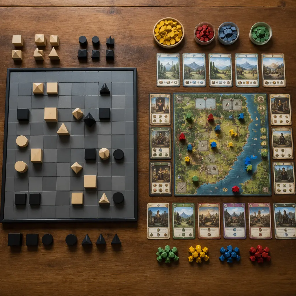 Two styles of strategy board games arranged side by side on a table