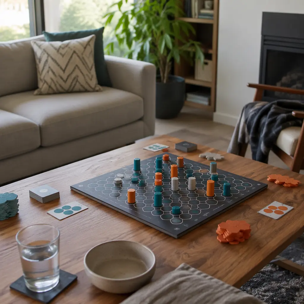 Two-player strategy board game set up on a coffee table in a softly lit living room