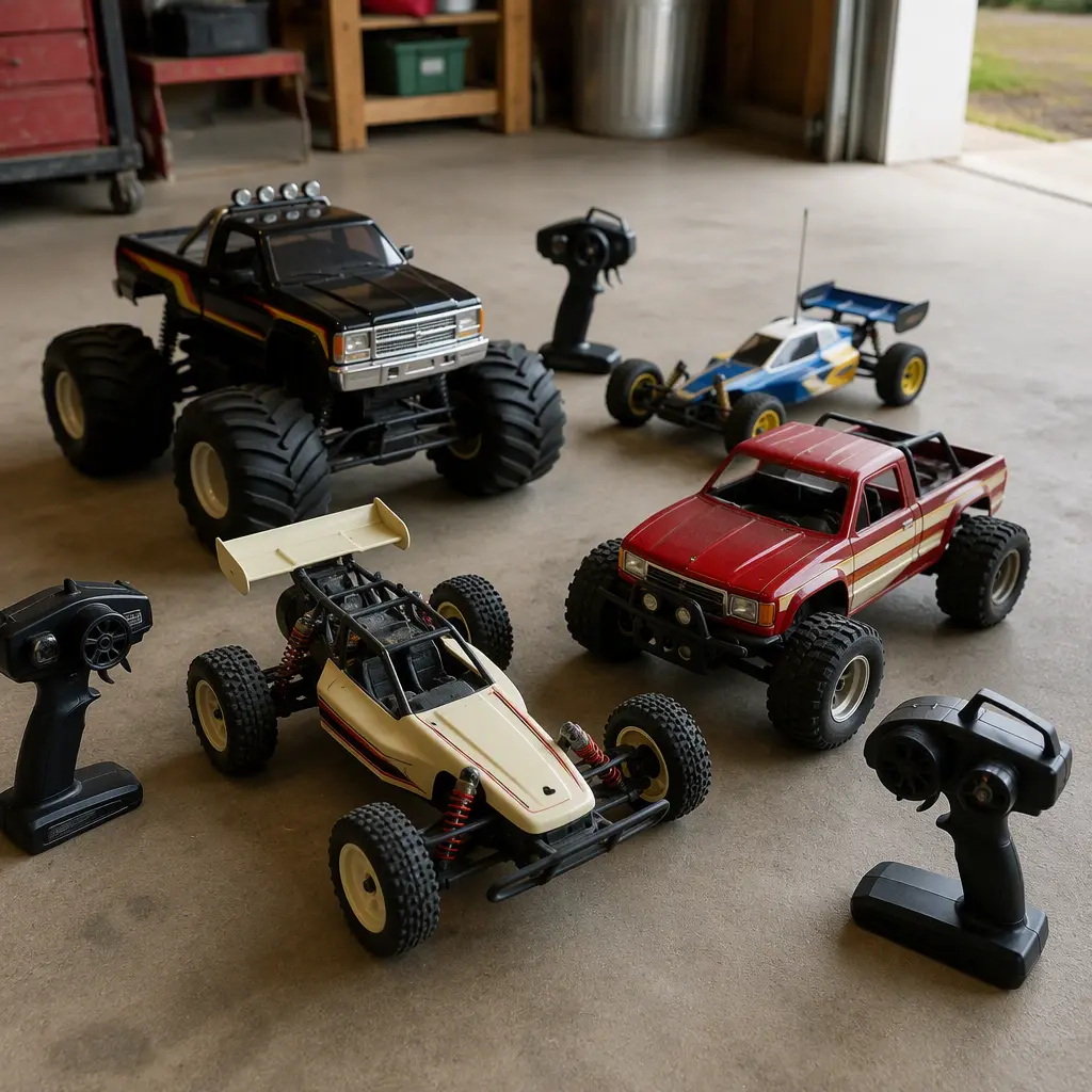 Assorted vintage-inspired radio-controlled toy cars and trucks displayed on a garage floor
