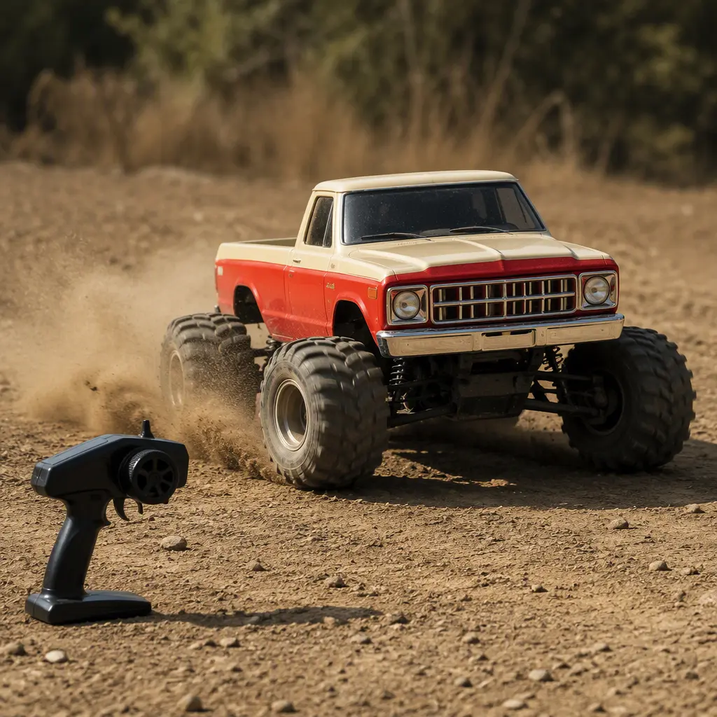 Vintage-inspired remote-control monster truck driving across dirt outdoors