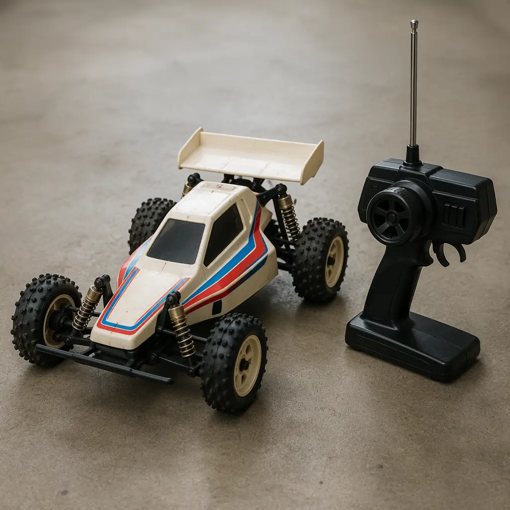 Vintage-style radio-controlled toy buggy with handheld controller on a concrete floor
