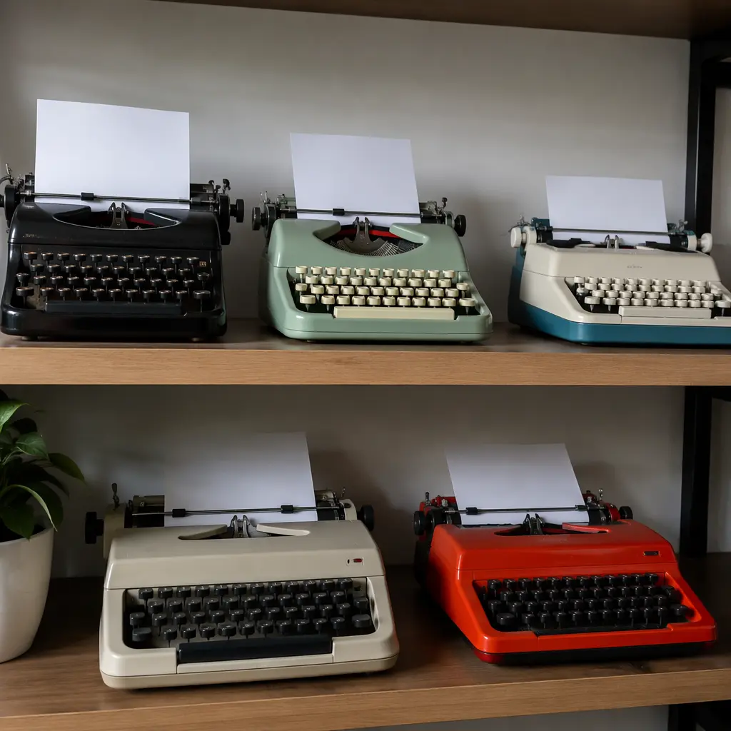 Collection of toy typewriters from different eras displayed on a shelf
