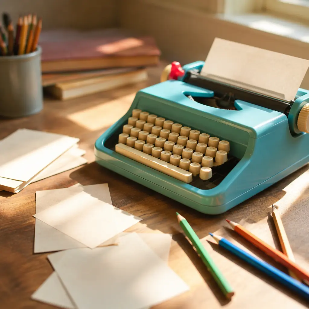 Toy typewriter on a table with stationery and pencils