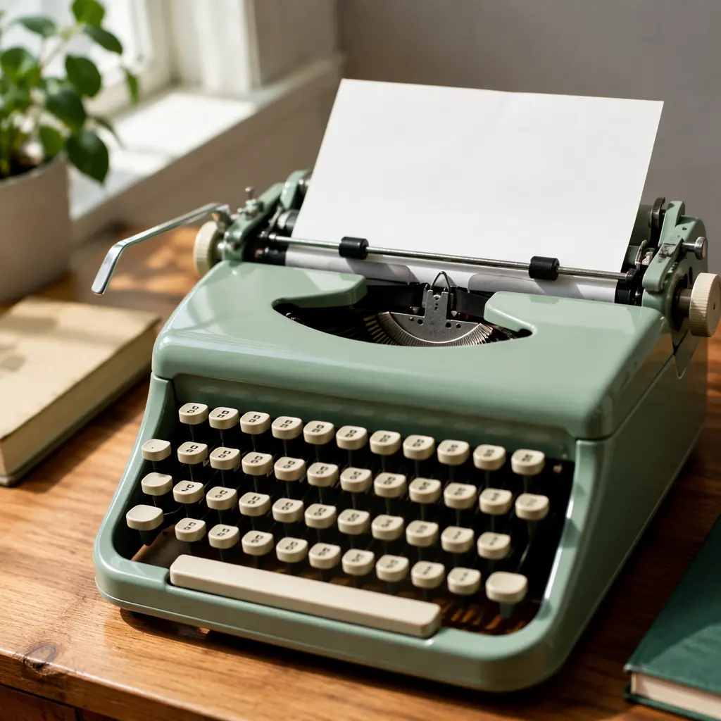 Vintage-style toy typewriter with blank paper on a desk