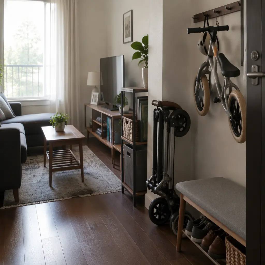 Folded scooter and compact balance bike stored neatly in a small apartment living room