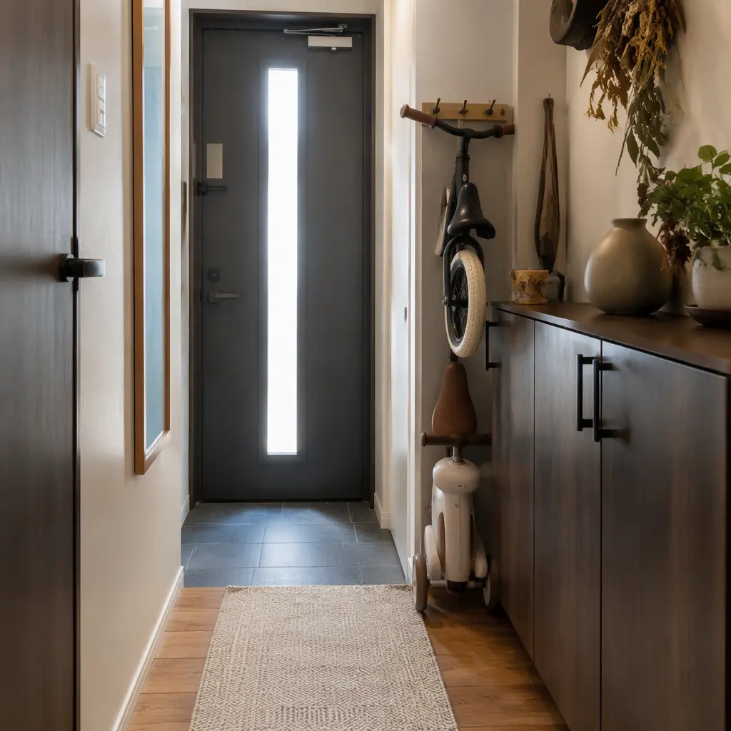 Slim ride-on toys stored vertically beside furniture in a small apartment entryway