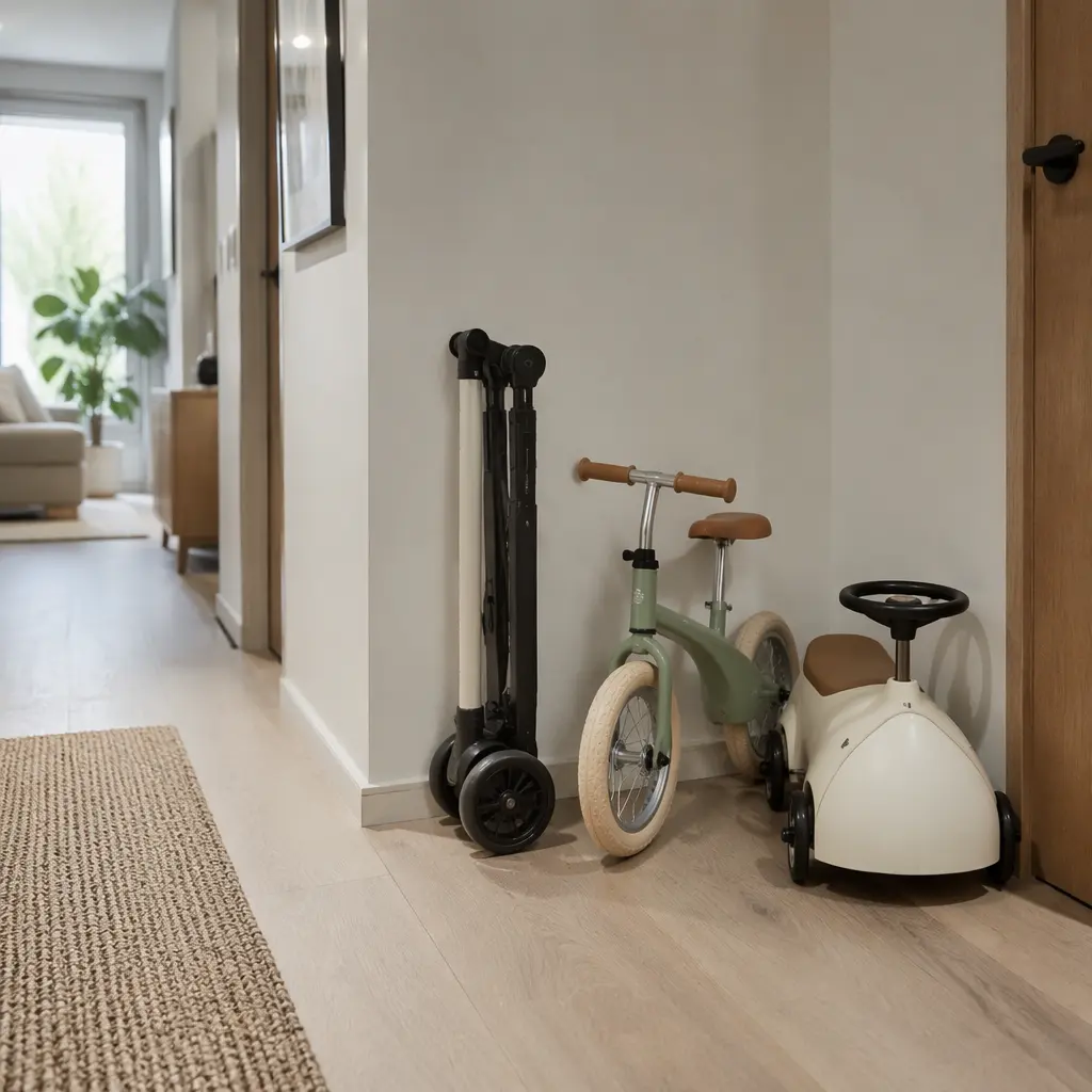 Compact ride-on toys stored upright against a wall in a small apartment hallway