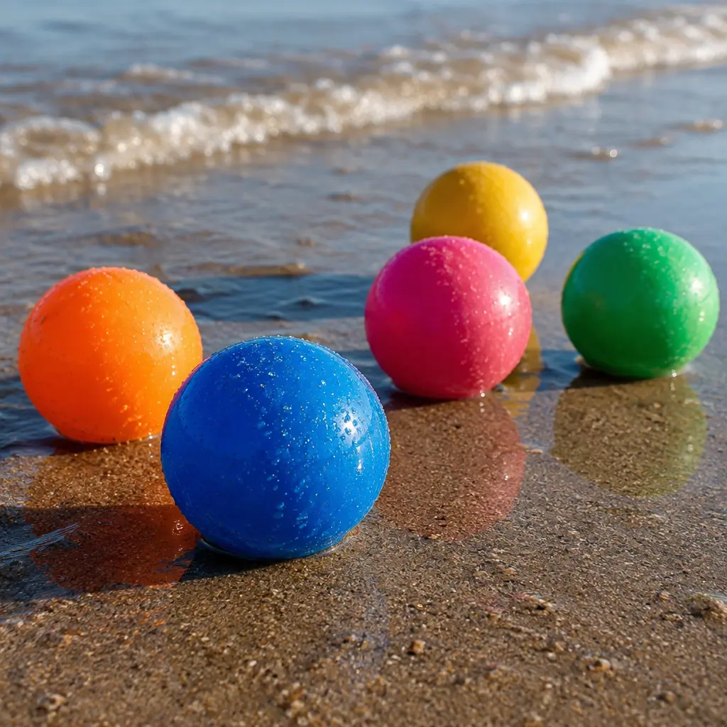 Several colorful water-bouncing balls on a sandy beach near the shoreline