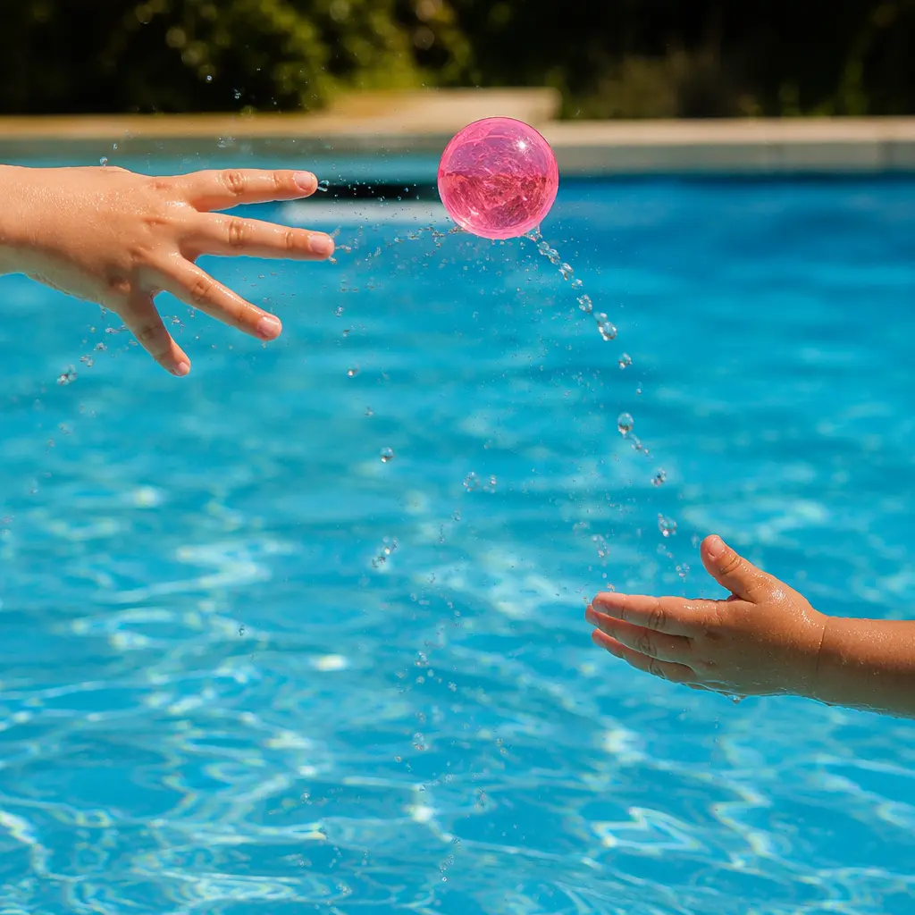 A water-bouncing ball being thrown across a swimming pool