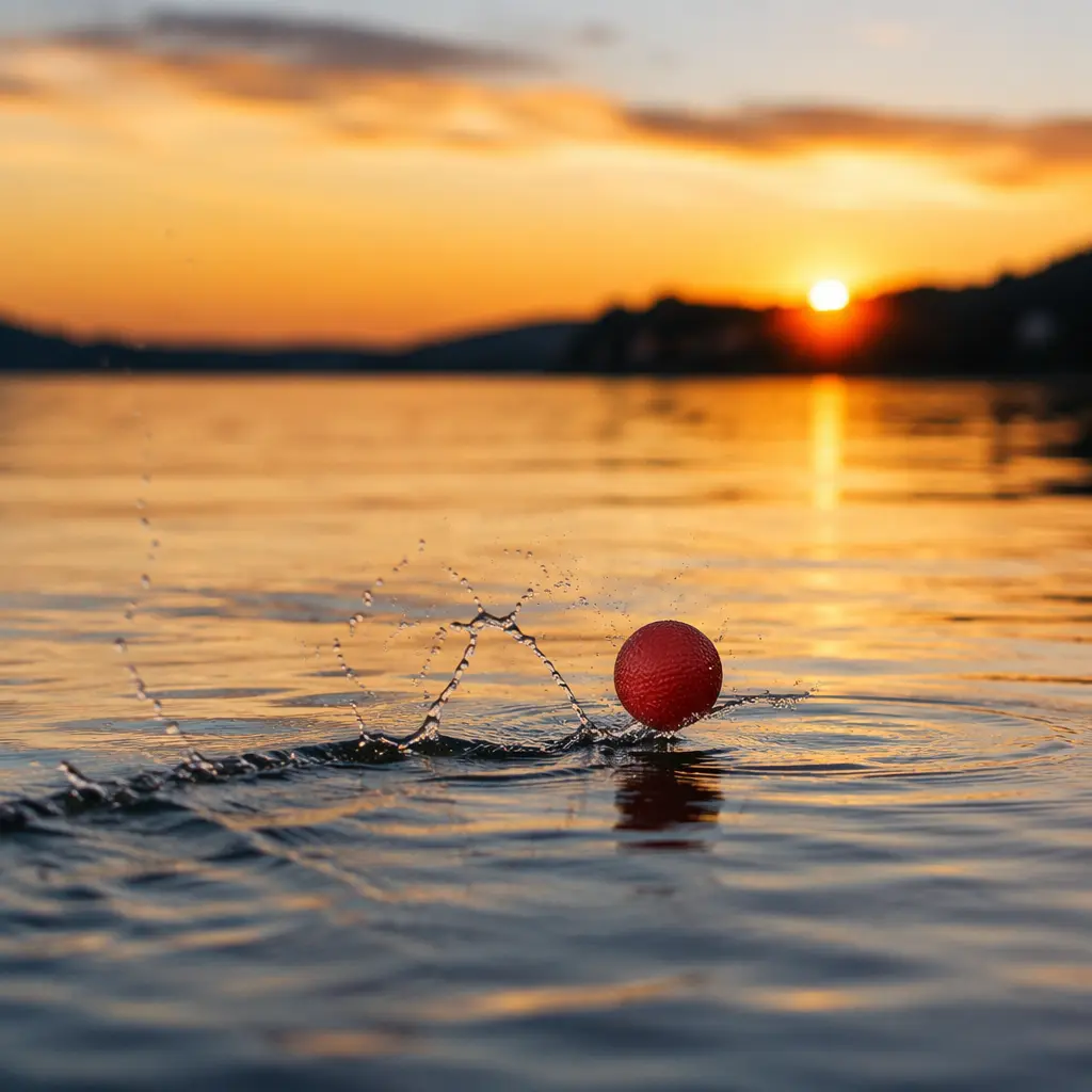 A water-bouncing ball skipping across a lake surface during a summer evening