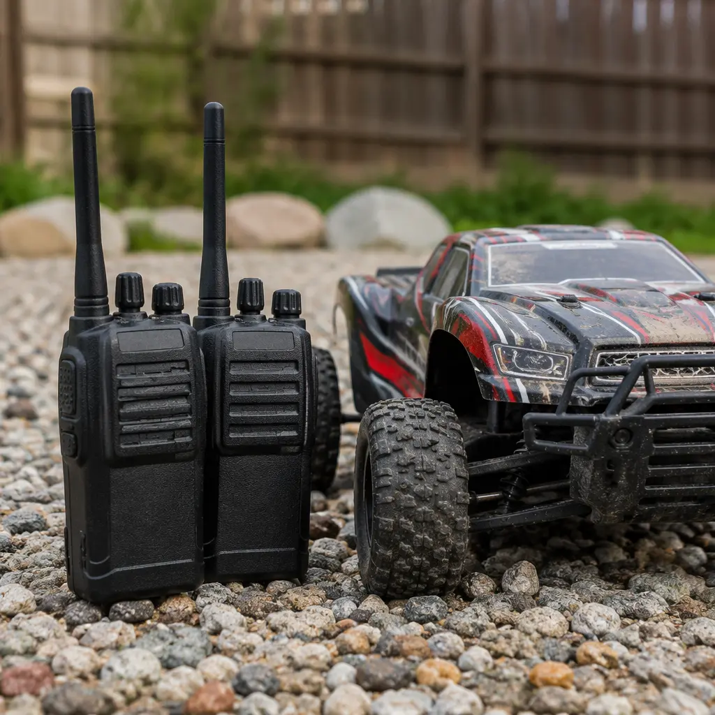 Outdoor RC car and walkie talkies on gravel