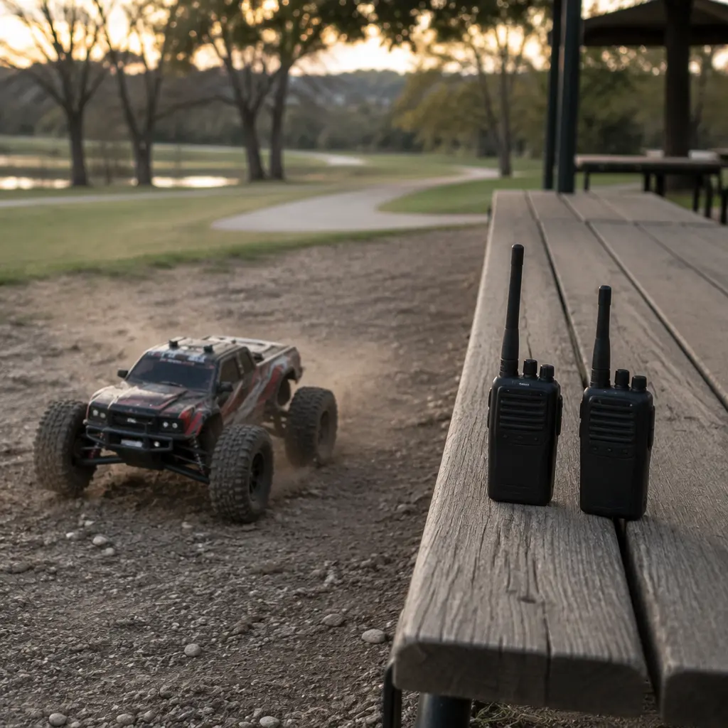 RC car on dirt track with walkie talkies nearby