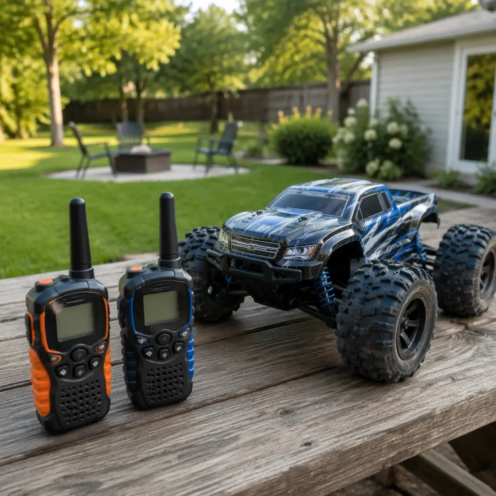 Walkie talkies and an RC car set outdoors on a picnic table