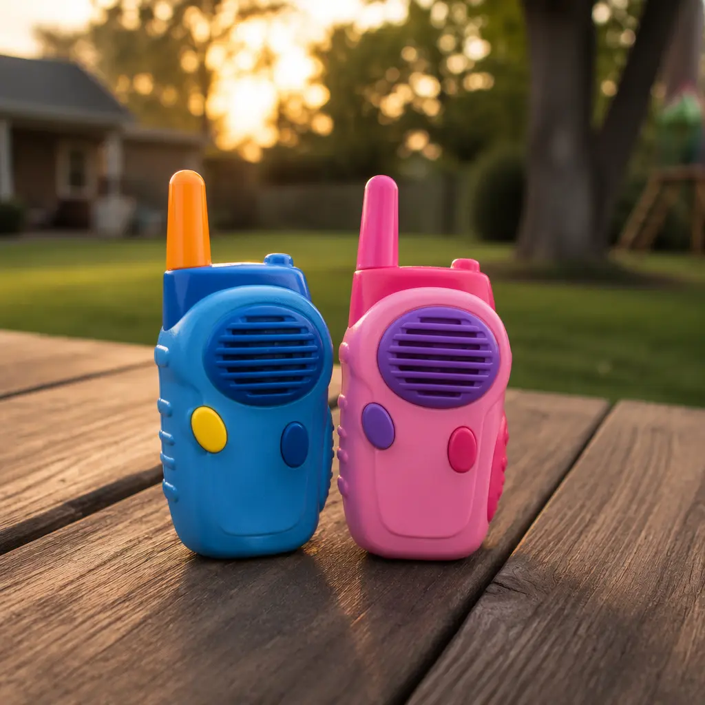 Two handheld toy walkie talkies on an outdoor table in a backyard setting