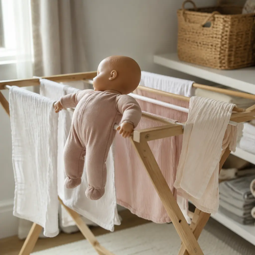 Washable toddler doll drying on a laundry rack in soft natural light