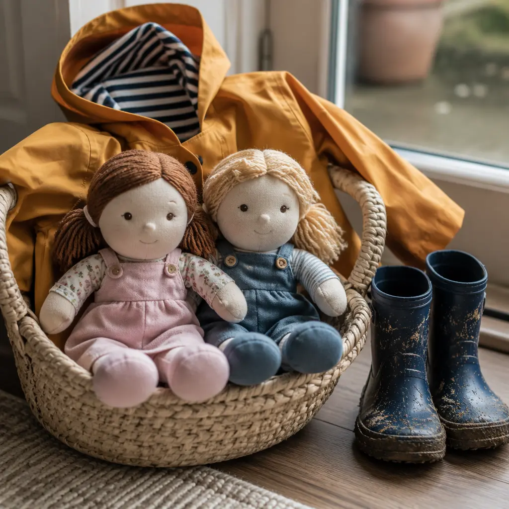 Soft washable baby dolls beside toddler outdoor gear in natural light