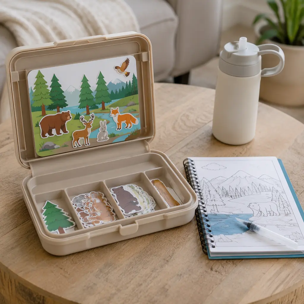 Organized travel tray with reusable preschool art activities