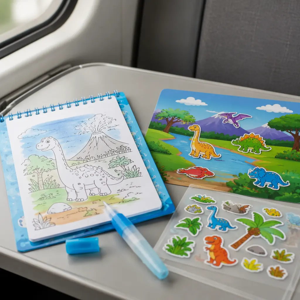 Water-reveal pad and reusable sticker activity set arranged for travel play