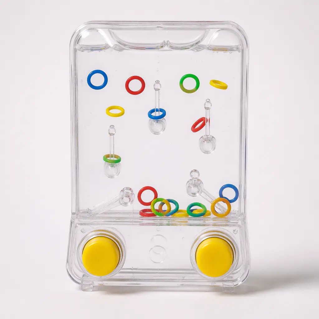 A classic handheld water game with floating hoops and pegs in a studio setting