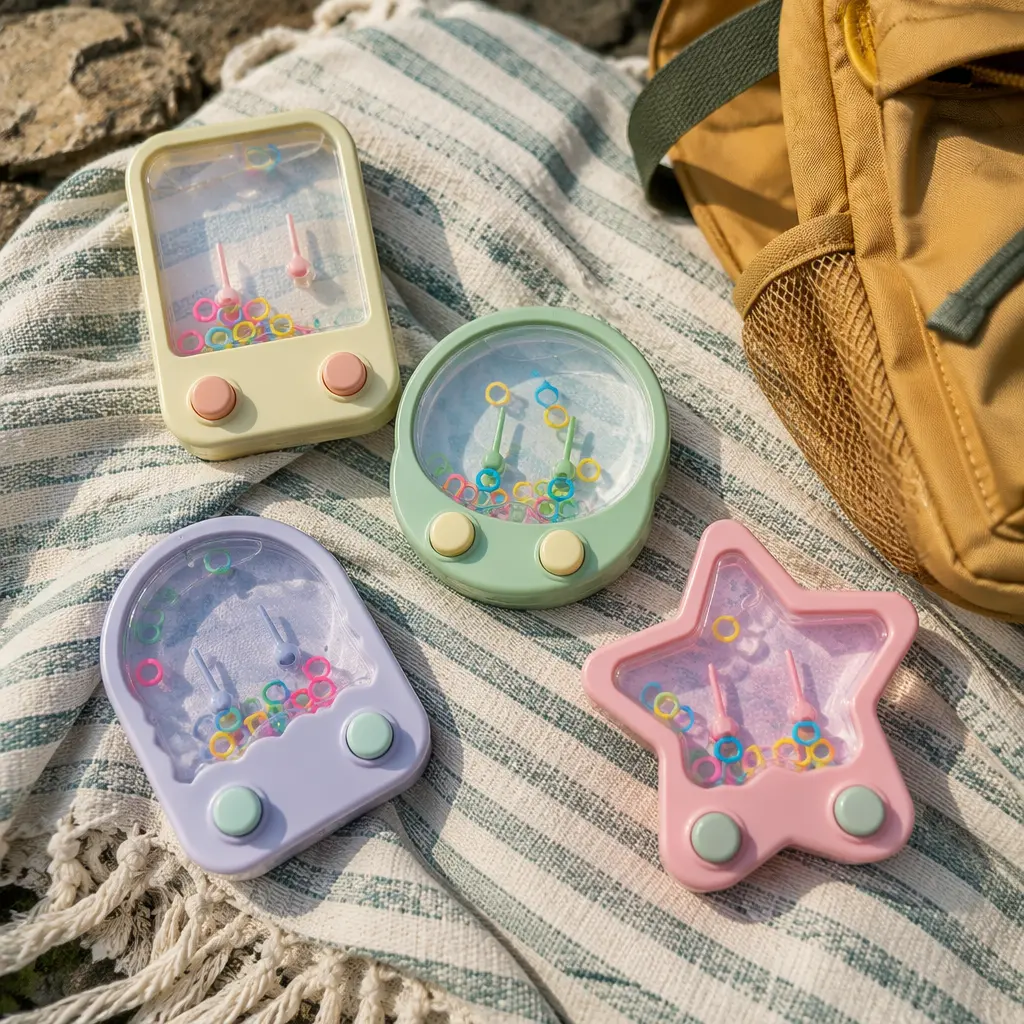 Several handheld water ring toss toys arranged as travel-friendly activities