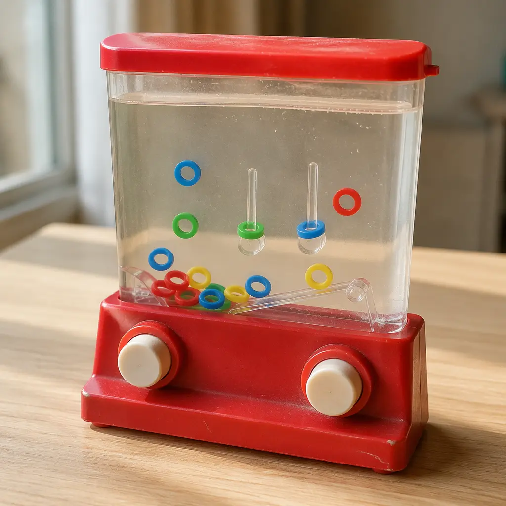 A handheld water ring toss toy with floating rings in a clear water-filled chamber