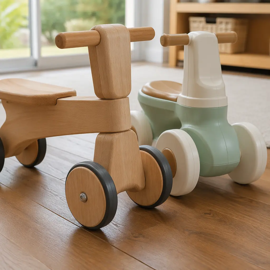 Close-up of wooden and plastic ride-on toy wheels on an indoor floor