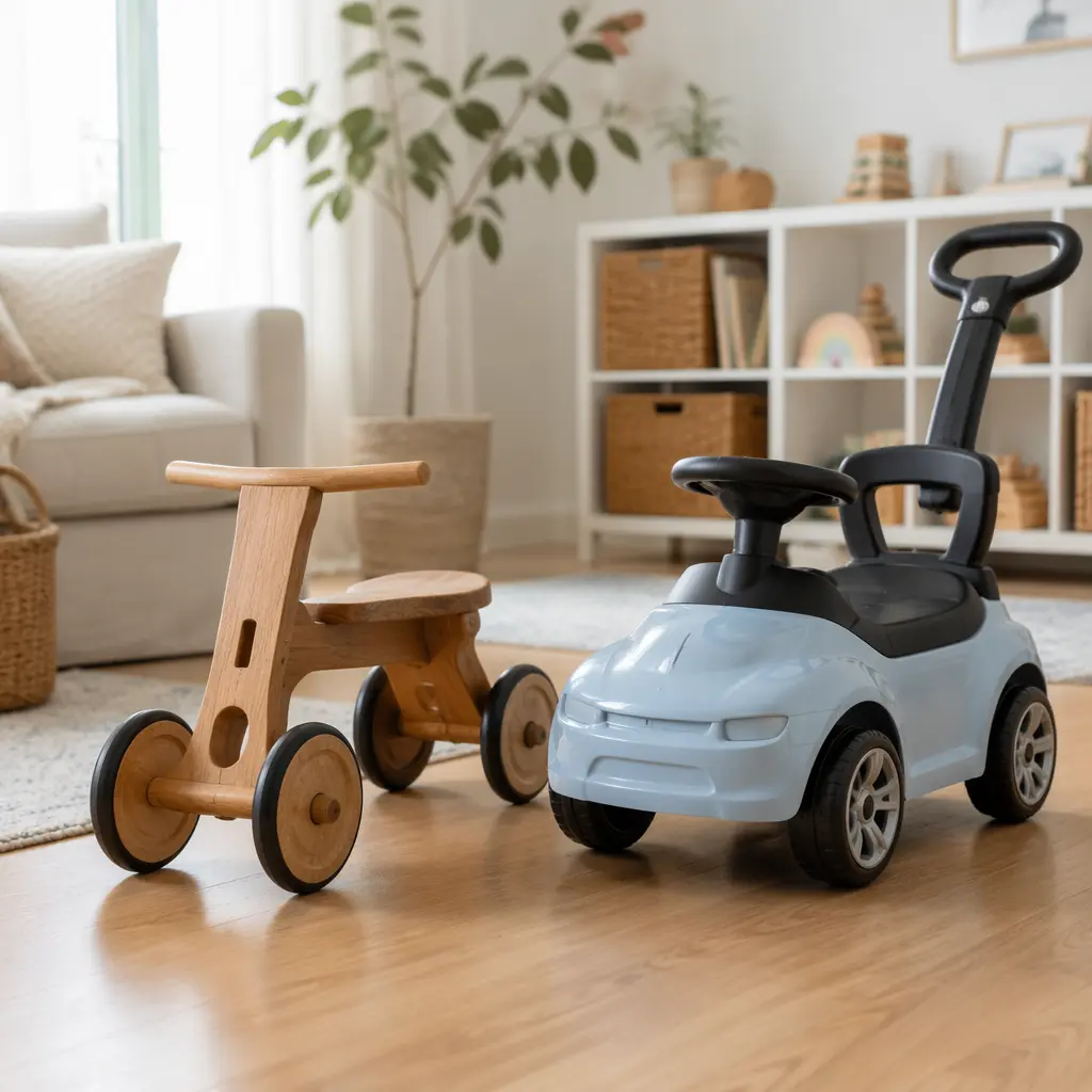 Wooden toddler ride-on next to a plastic push car in a bright living room