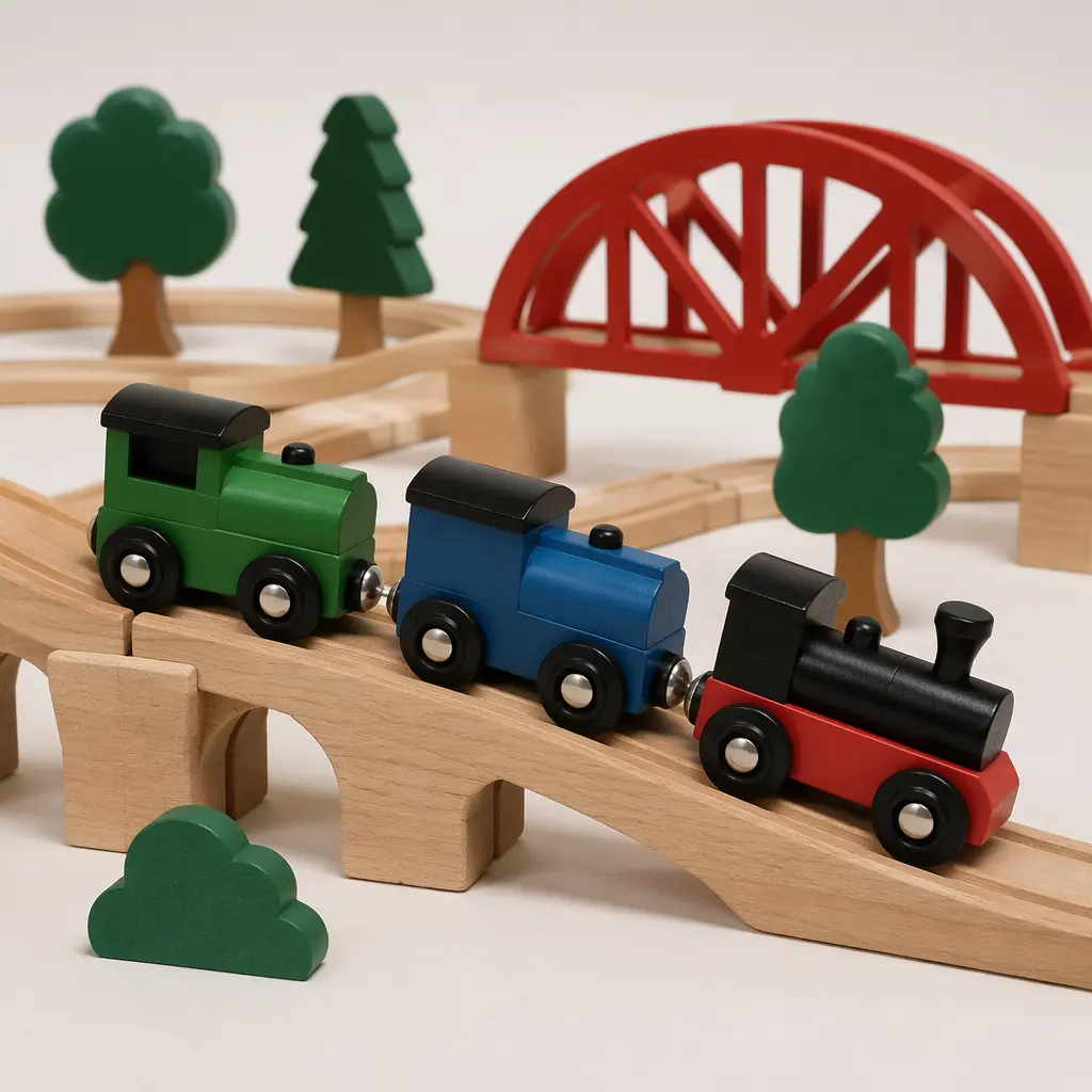 Wooden railway engines connected on curved wooden tracks