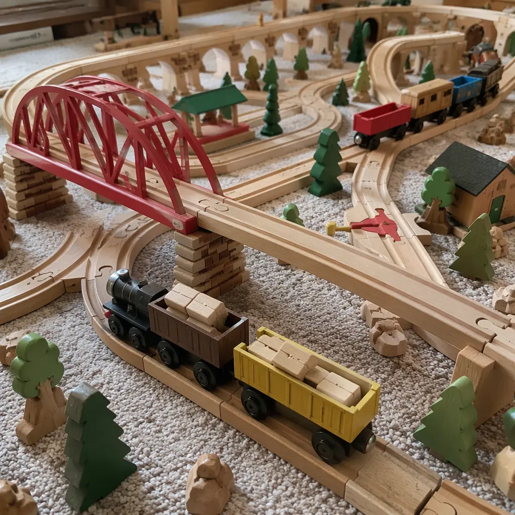 Large wooden railway layout with bridges and cargo cars