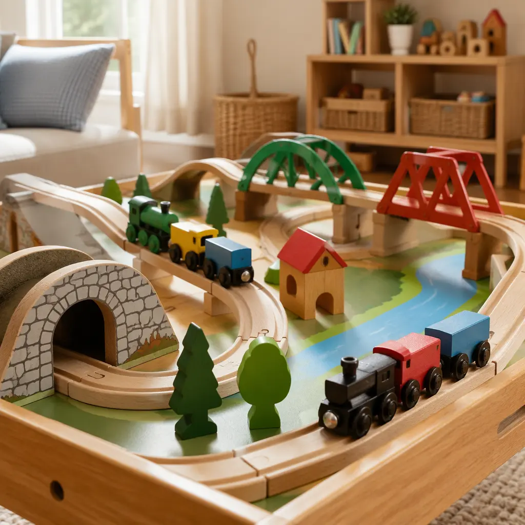 Wooden toy train engines and tracks arranged on a train table in a playroom