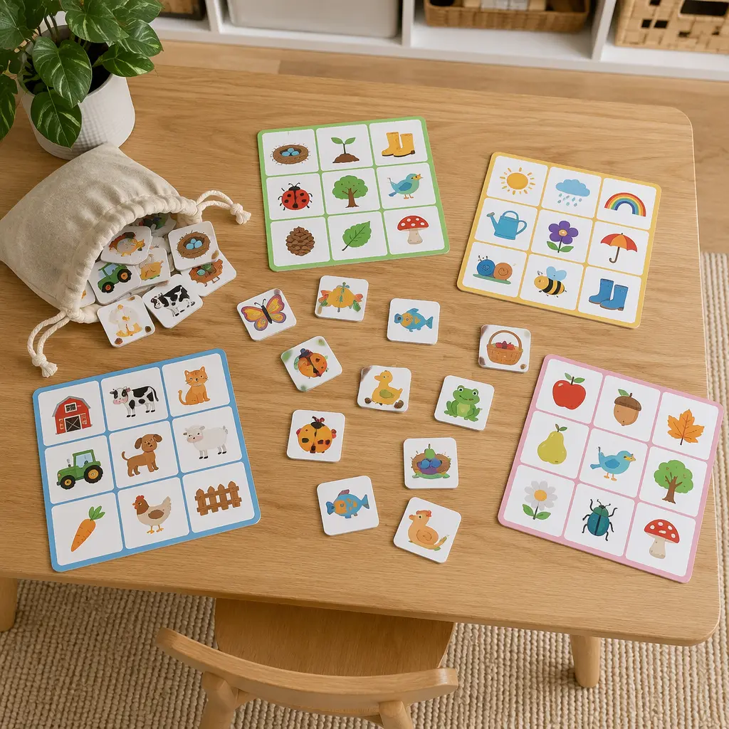 Overhead view of a preschool matching game with illustrated tiles and player cards