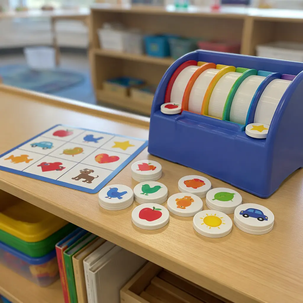 Colorful matching game pieces and tile dispenser displayed on a classroom shelf