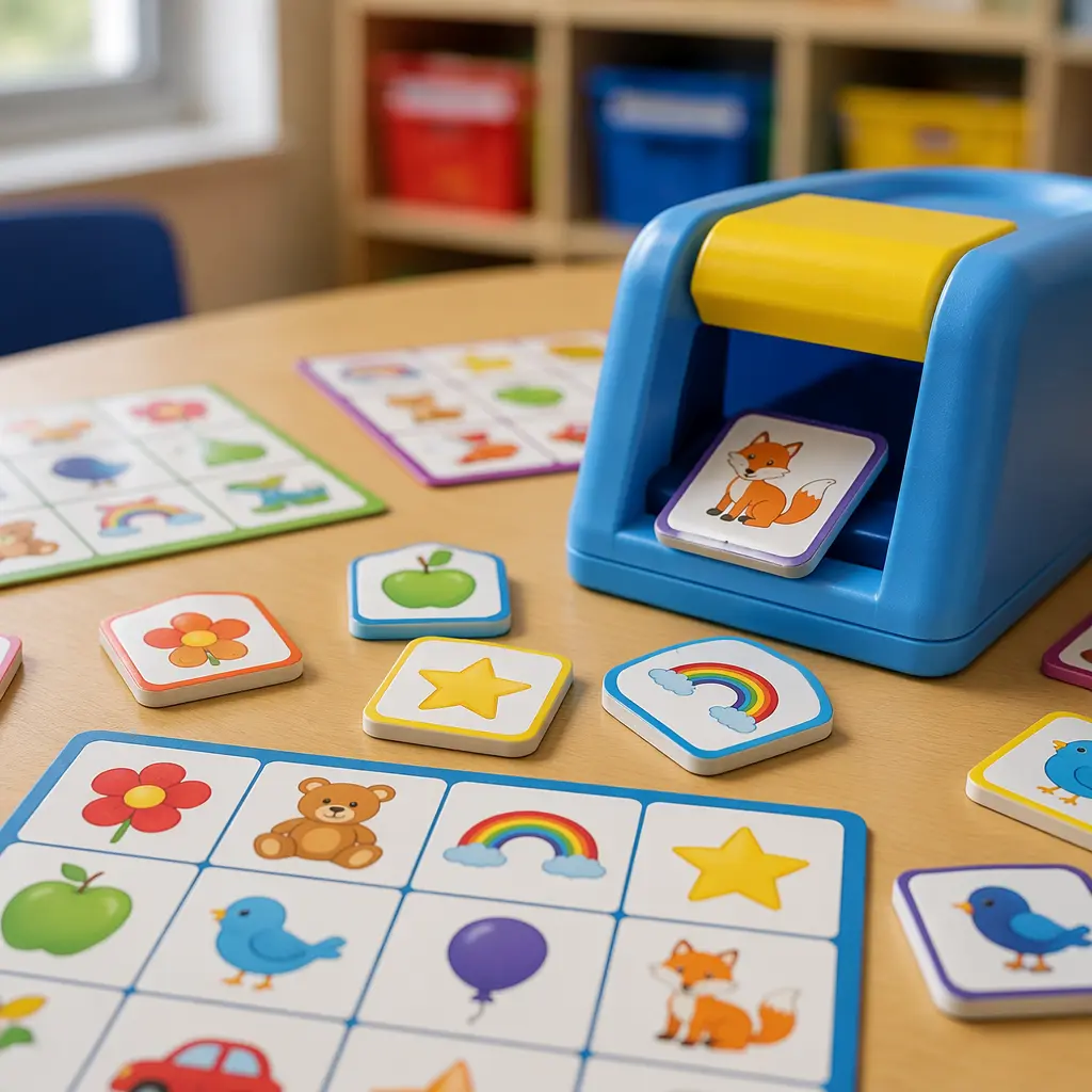 Colorful preschool bingo-style matching game with a tile dispenser on a classroom table