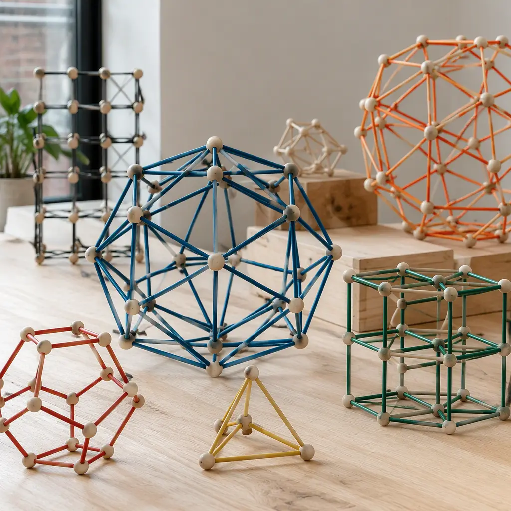 Geometric models assembled from colorful rods and connector nodes in a workshop setting
