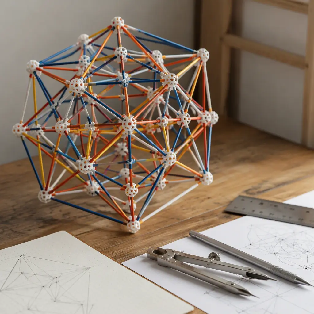 Advanced geometric sculpture built from modular construction parts beside creative workspace tools