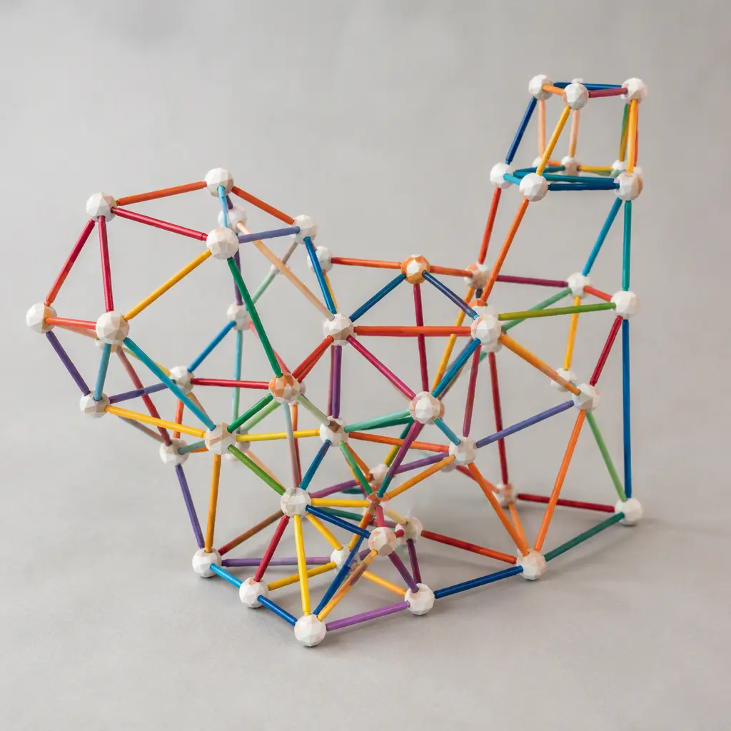 Colorful geometric construction models built from rods and connector nodes on a studio table