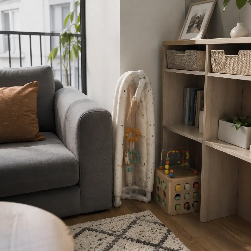 Foldable baby play gym and compact activity cube stored neatly in a small apartment living room