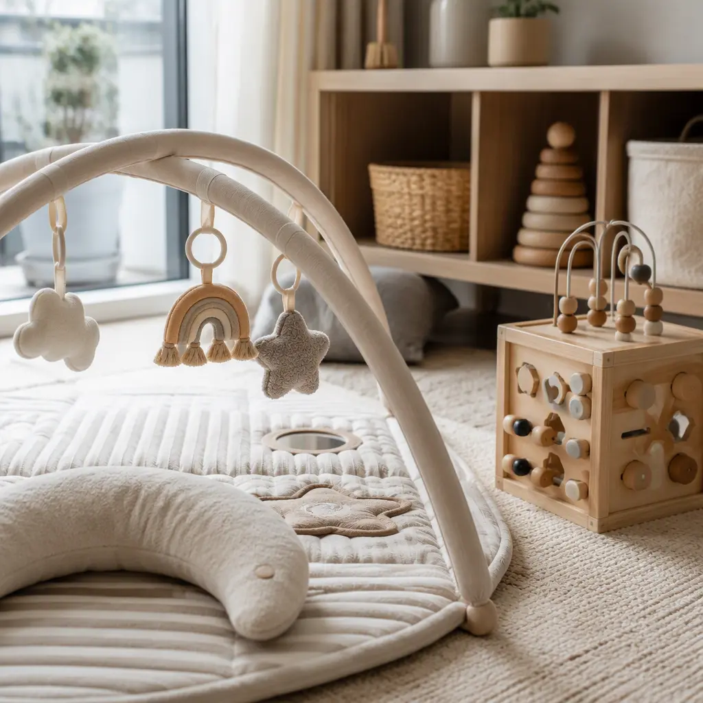 Baby play area featuring a tummy time mat and compact wooden activity cube