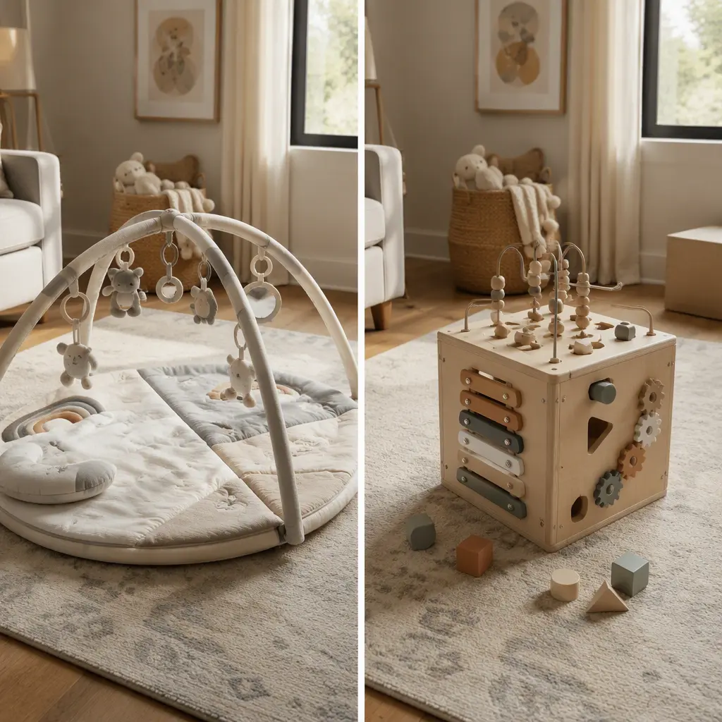 Compact nursery corner with a baby play gym and wooden activity cube in a small apartment setting