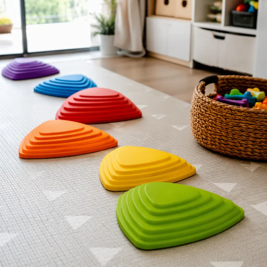 Colorful balance steppers on an indoor playroom floor