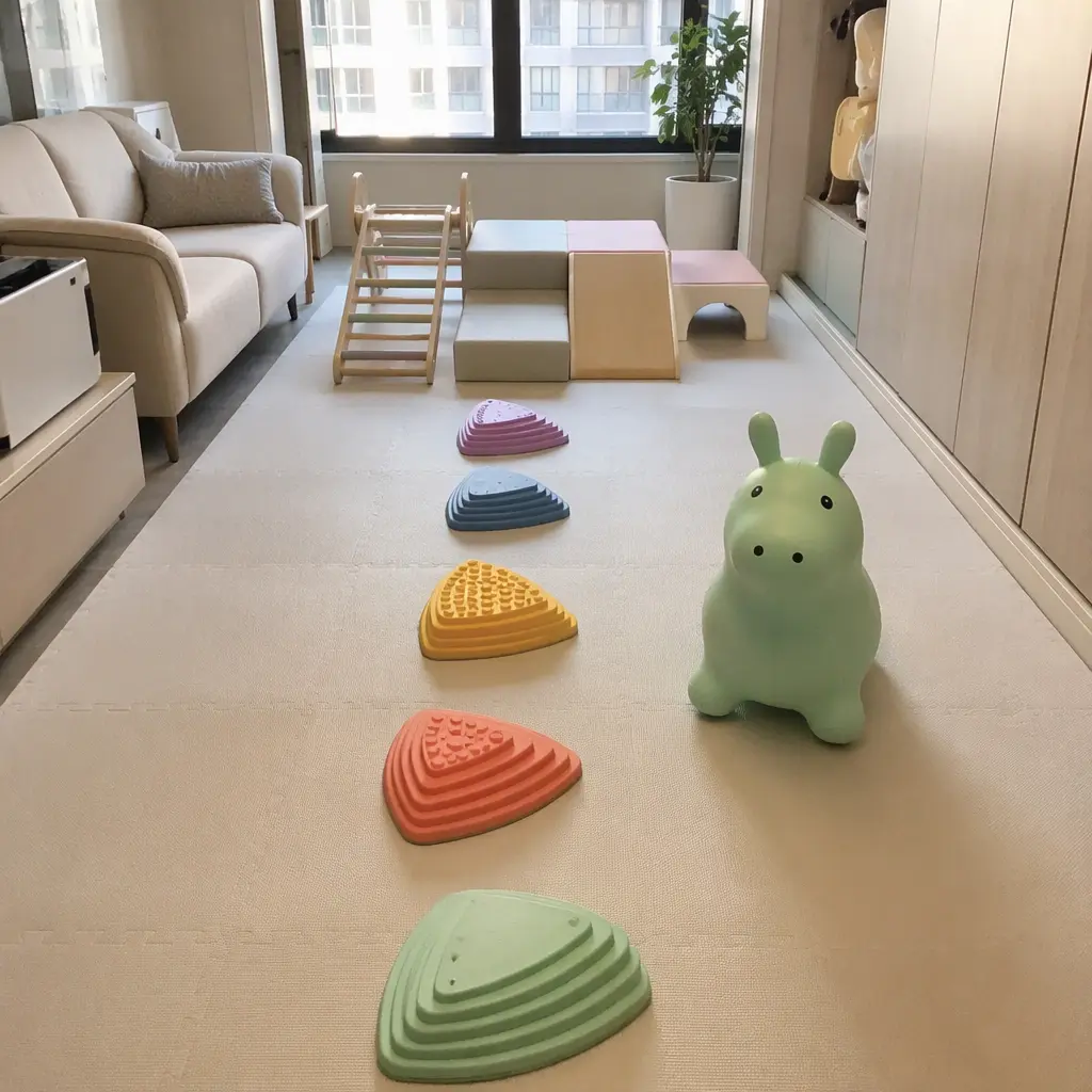 Indoor obstacle play area with stepping toys and hopper toy
