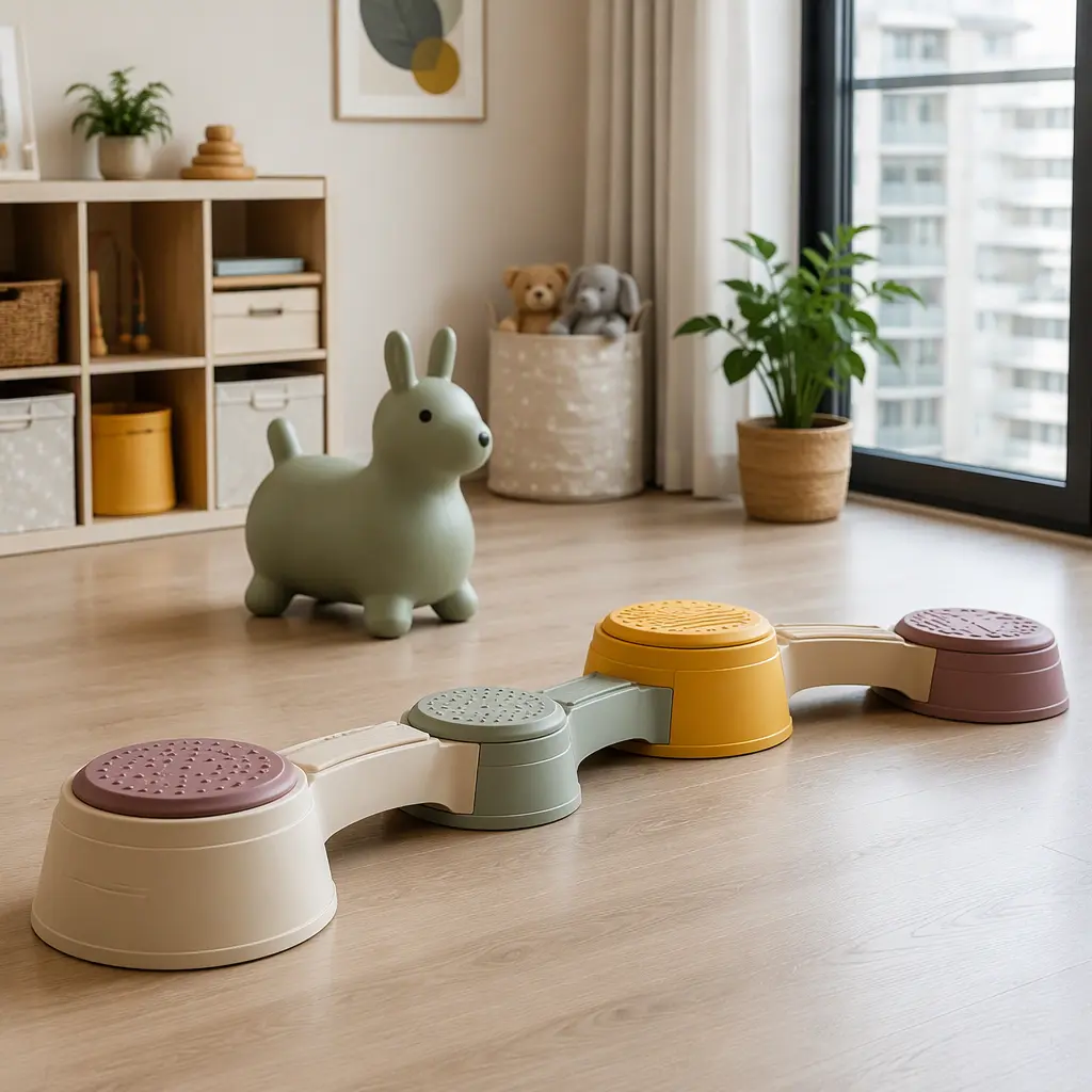 Balance stepper and hopper toy in a bright indoor playroom