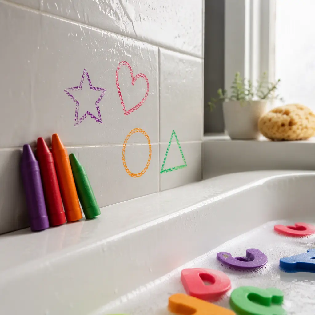 Bath crayons and foam letters used in a bathtub during playtime