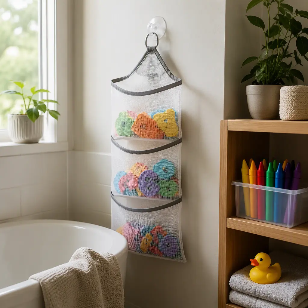 Foam letters drying in a mesh organizer beside stored bath crayons