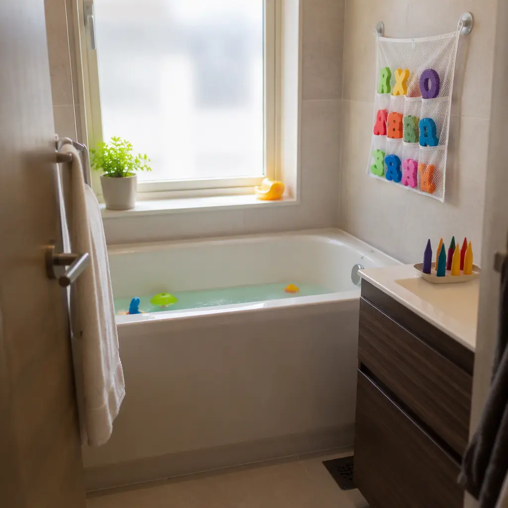 Bath crayons and foam letters arranged beside a small bathtub in a compact bathroom